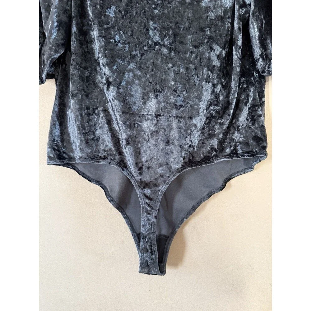 Intimately Free People Large Don't You Wish Gray Velvet Puff Sleeve Bodysuit EUC